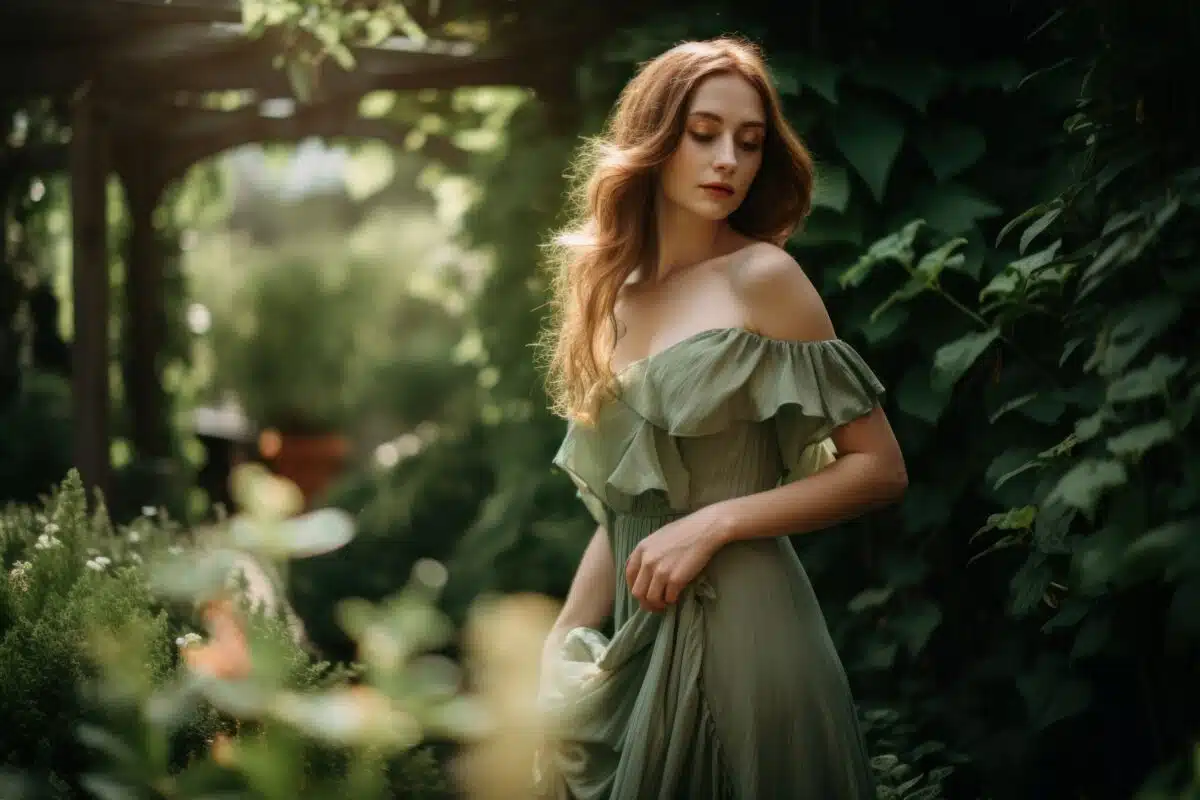A woman in a green dress standing in a garden. Generative AI image.