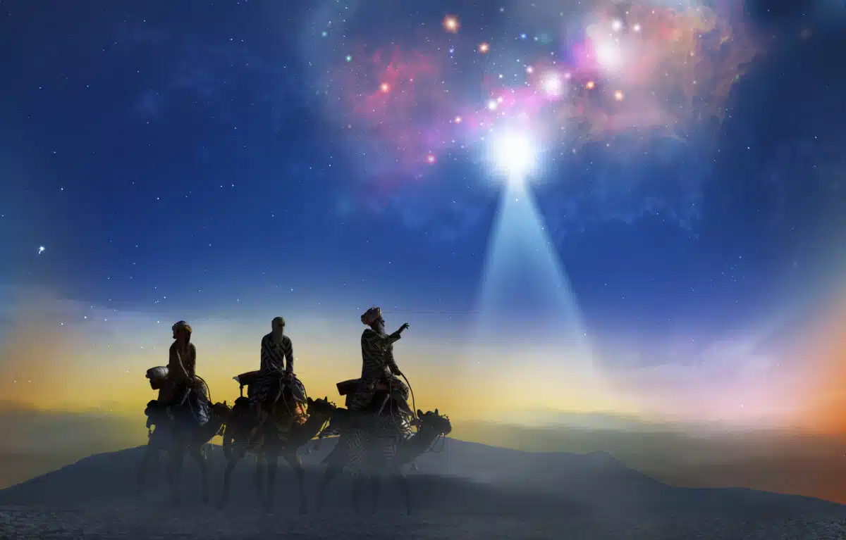 the three wise men traveling with their horses to the King's birthplace in bethlehem following the brightest star