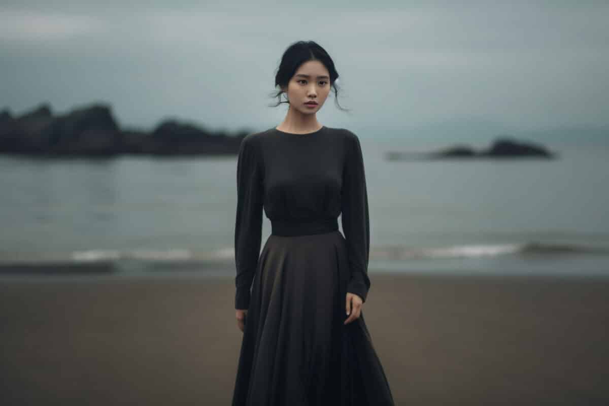 Black-haired Asian woman exudes elegance in a stylish black dress, blending Japanese, Korean, and Chinese styles, posing gracefully by the sea in a vintage film photo theme. Generative AI.