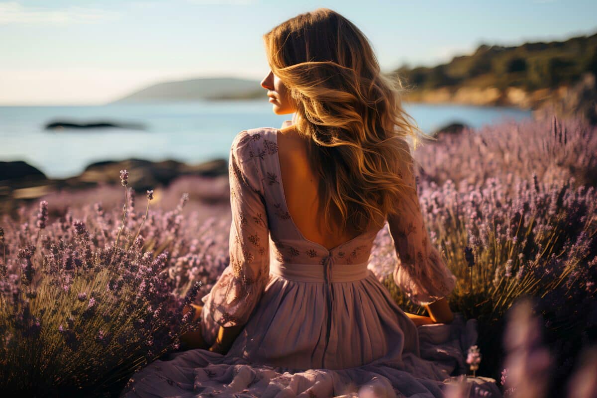 a beautiful woman with dark hair in elegant white dress in blooming lavender field at sunset