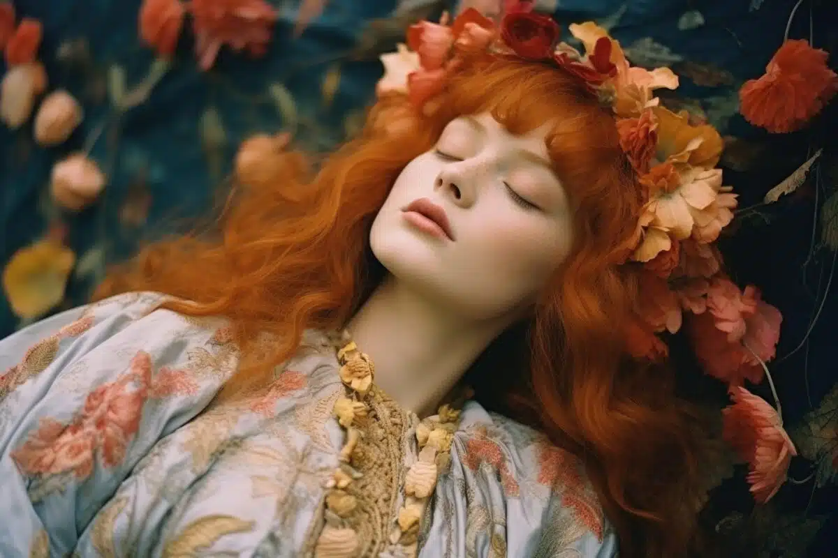Beautiful Girl Sleeping Peacefully, Bright Red Copper Color Hair, Surrounded By Autumn Fall Leaves And Flower Petals, Youthful Calm And Glamourous Princess Of Nature Generative Ai