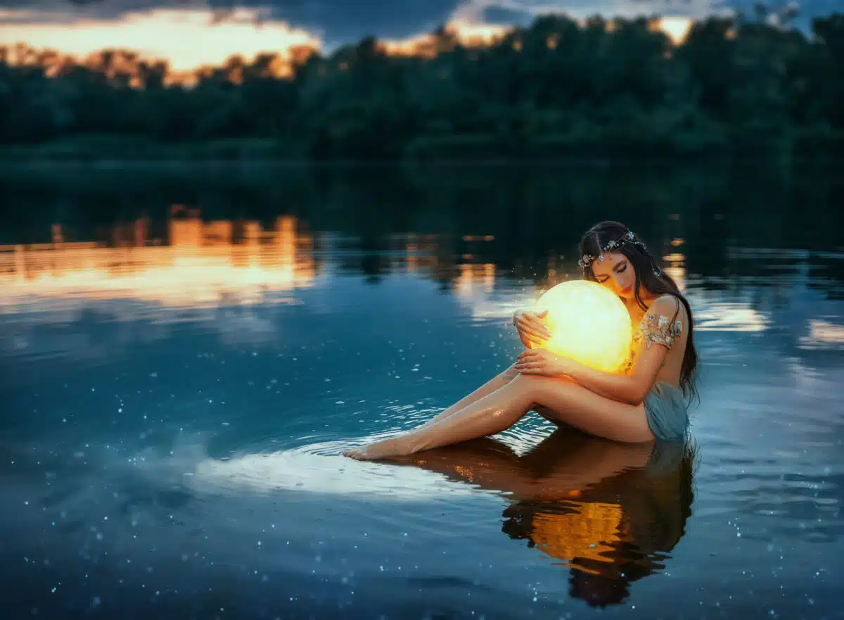 a river nymph hugging a magical glowing planet the dark glistening lake water
