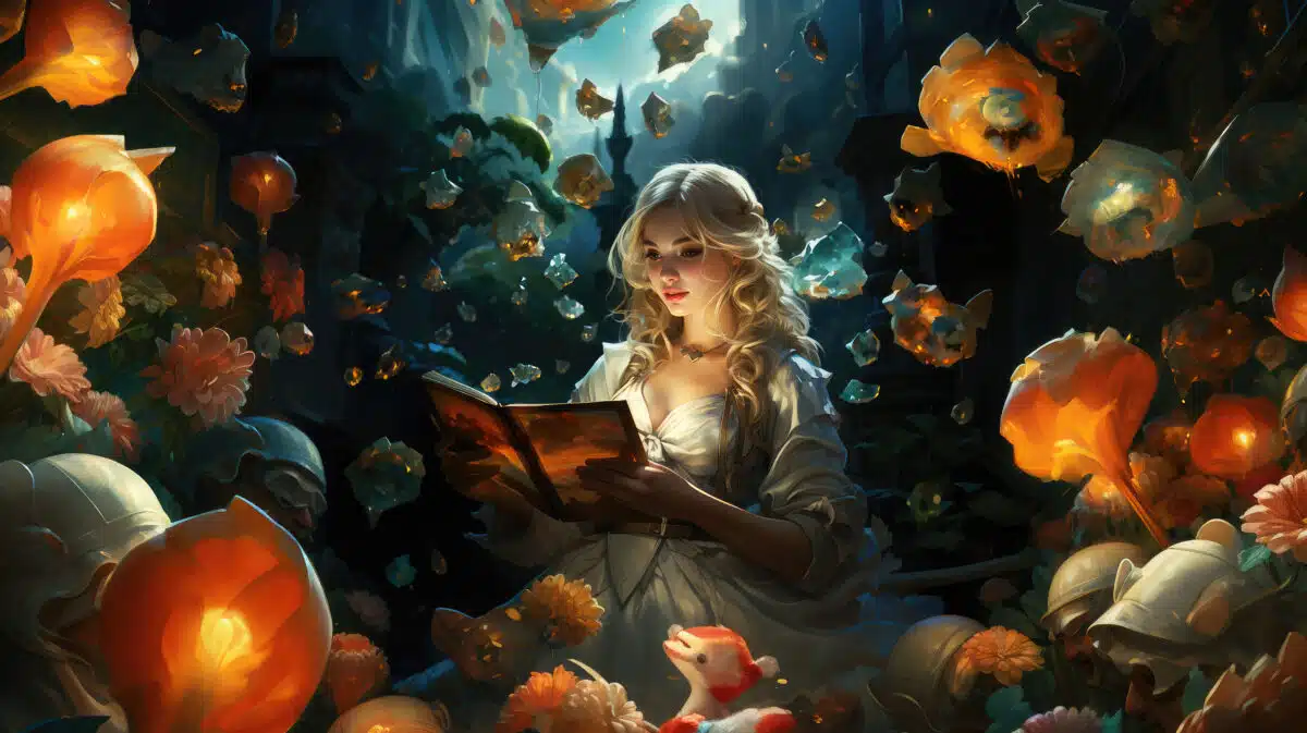 a pretty young woman reads a magical book in an enchanted garden