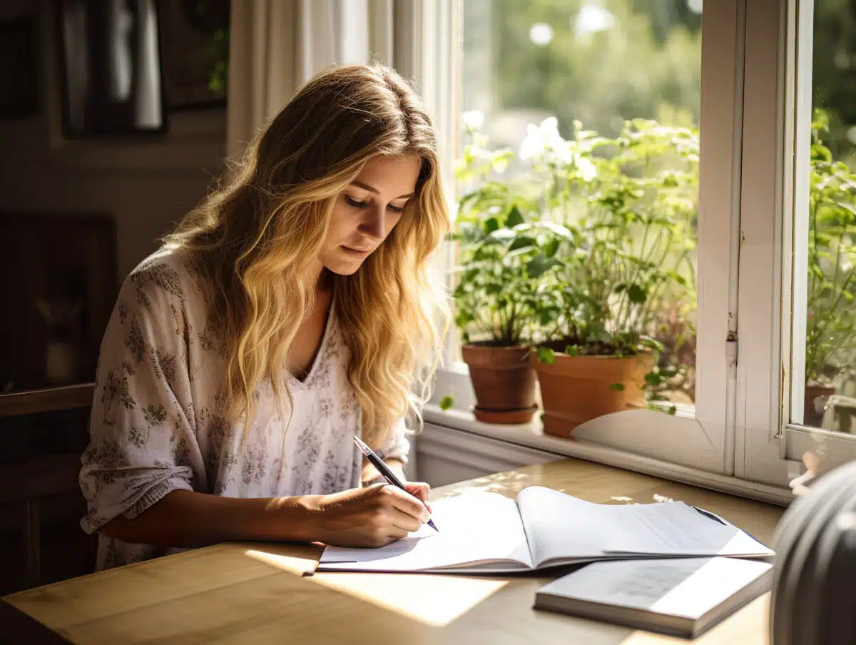 A young woman studying writes in her notebook at home with natural light coming through the window.