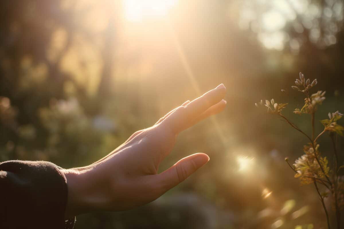 a person's hand reaching out towards a plant with the sunshine