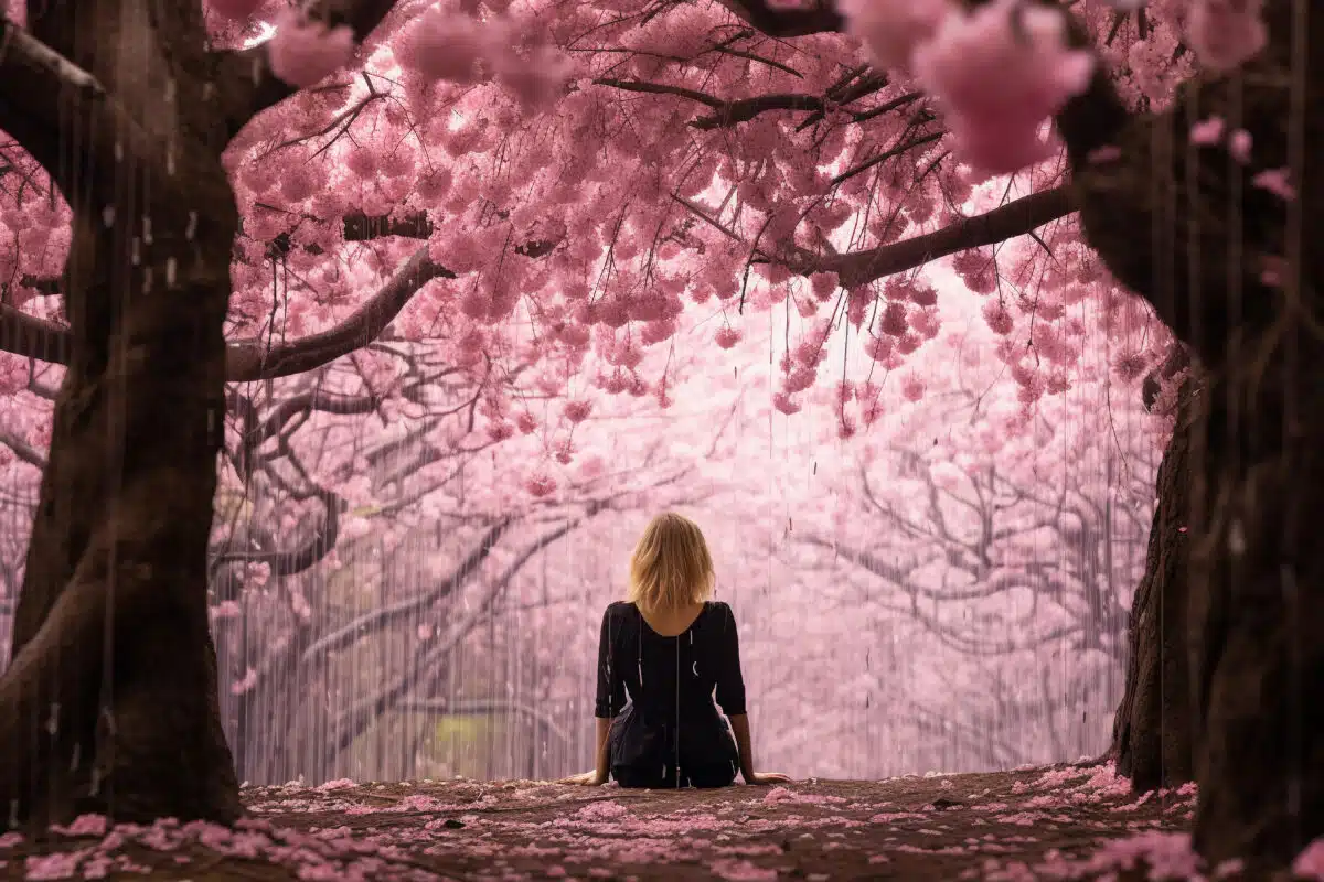 in a cherry blossom forest, a woman sitting under a canopy of blooming trees while pink petals are raining down