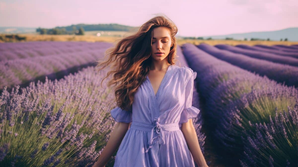 a sad but beautiful young woman in a dress walking in a field of lavender