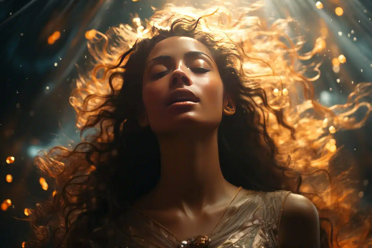 an attractive woman with eyes closed and fluttering curly hair that's glowing against the light