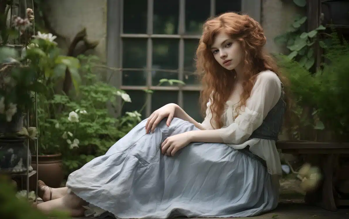 a young beautiful woman in white vintage dress sitting in deep thoughts in old mysterious garden