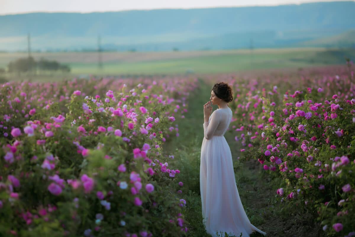 lady in long light pink dress standing in a field of pink blooms
