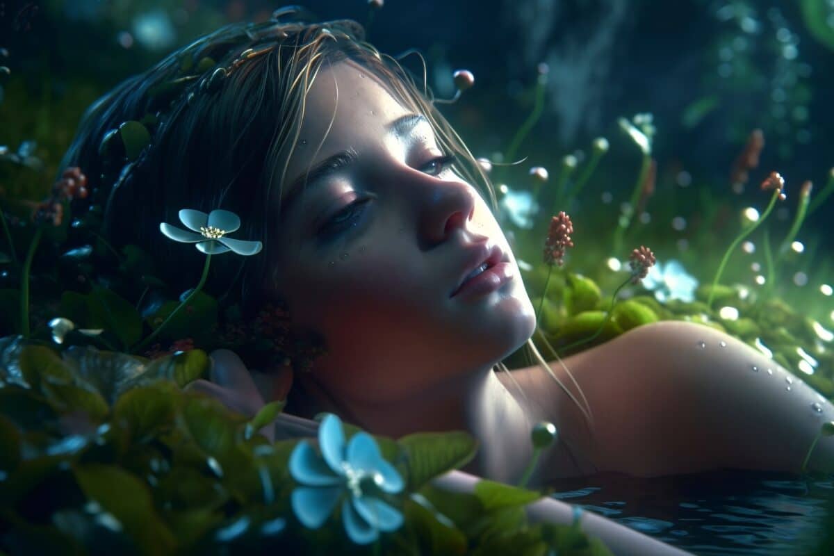 A fairy girl lying on the ground with flowers and plants in the forest