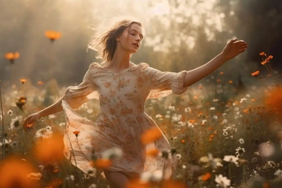 a carefree young beautiful woman running in field of flowers