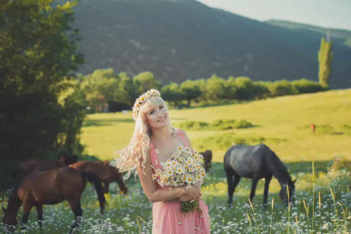 Seductive blond blue eyes lady woman in pinky airy dress on meadow of daisy chamomile holding bouquet of nflowers in hands and posing with horse on background.