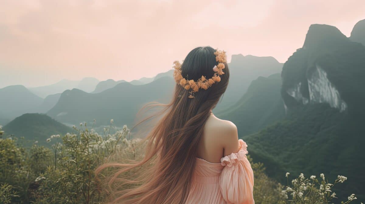 a beautiful woman with a floral head wreath in a peach dress enjoying the mountain landscape