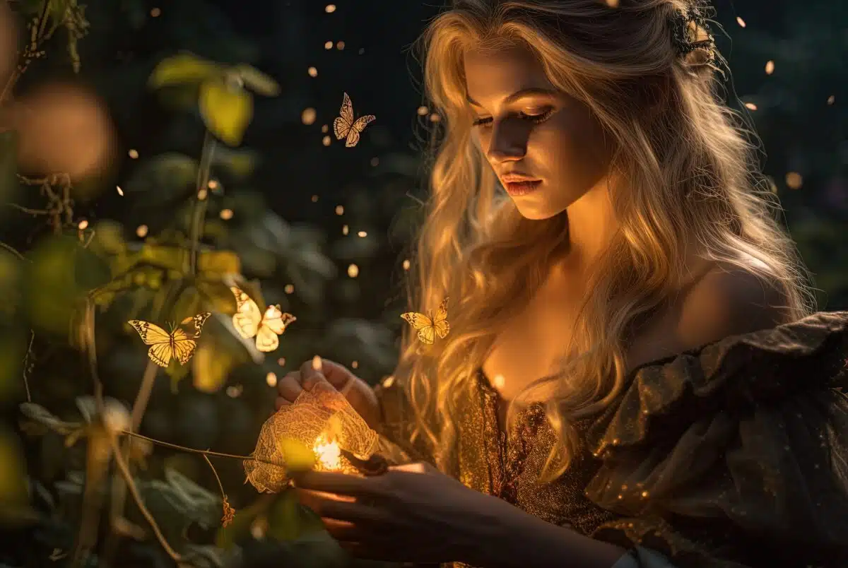 a young blonde mysterious lady holding a lit candle in the dark with butterflies near her