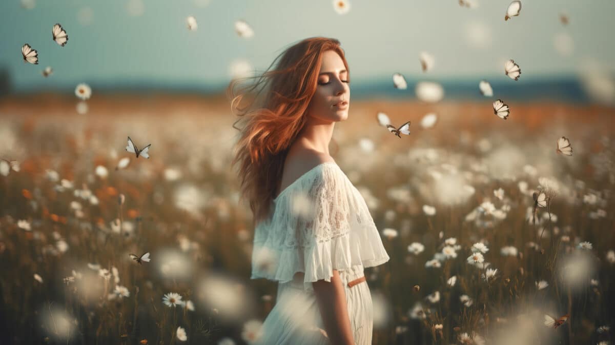 beautiful woman in a field with daisy flowers and butterflies