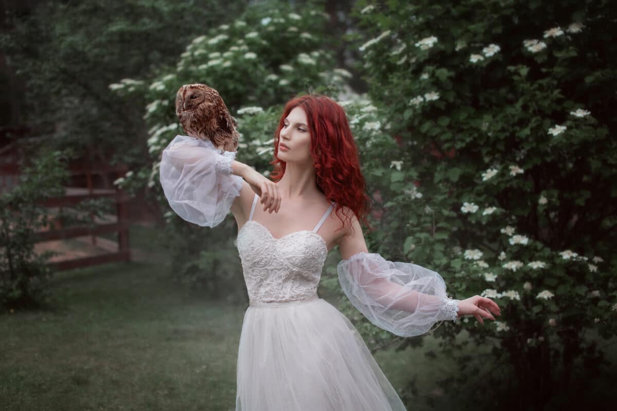 Girl in a white dress with an owl