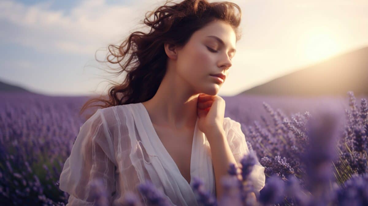 
a stunning young woman in a white dress in a vibrant field of purple lavender flowers