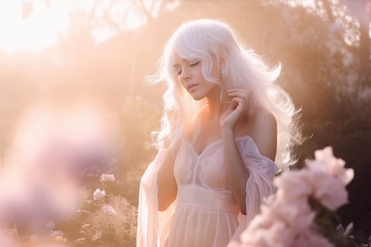 a blonde fairy in a blooming cherry blossom forest