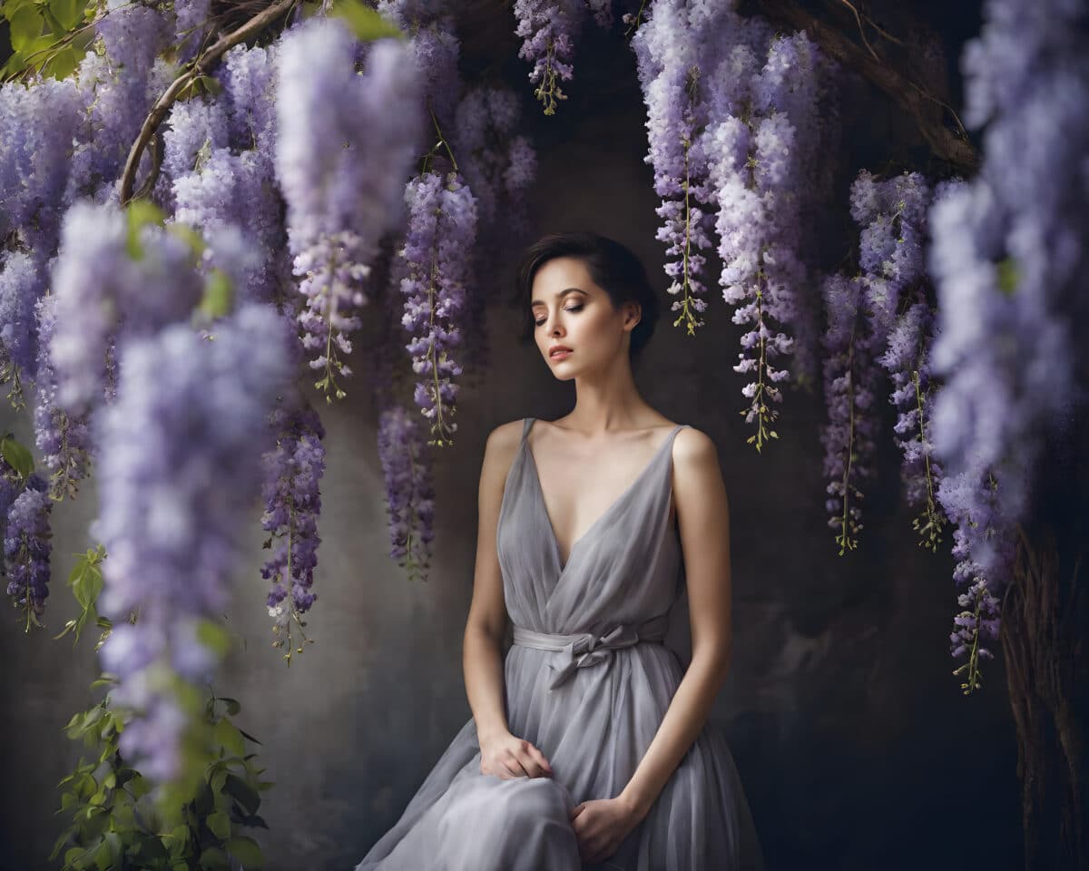 an enchanting lady dressed in Greek goddess style purple dress standing with wisteria flowers behind her 