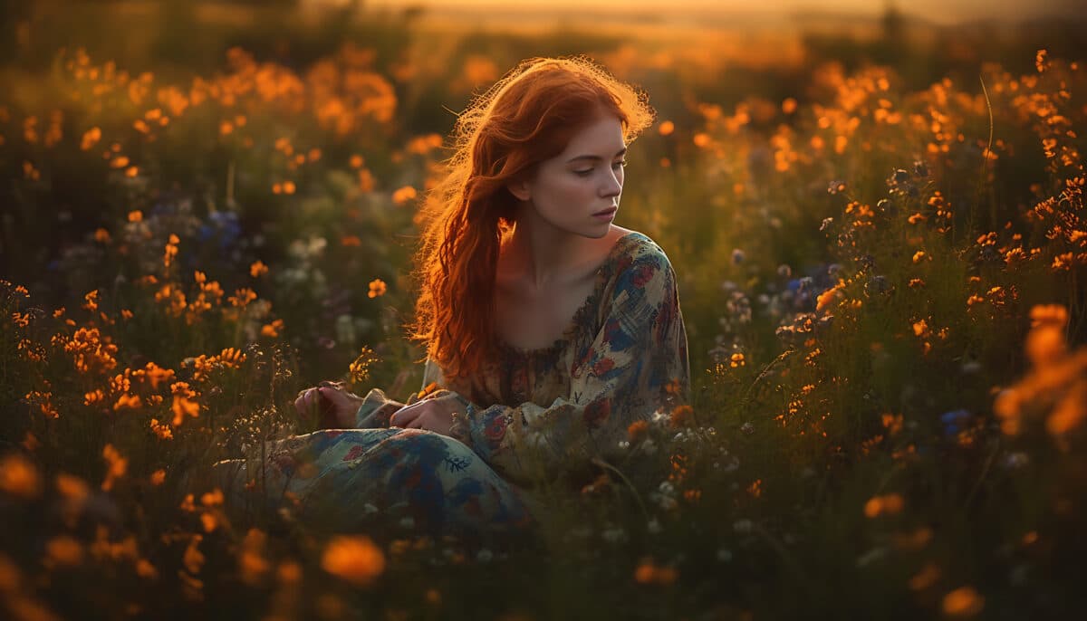 A woman sits in a field of wildflowers, basking in the warm glow of the setting sun with overall  contentment and relaxation, generative ai