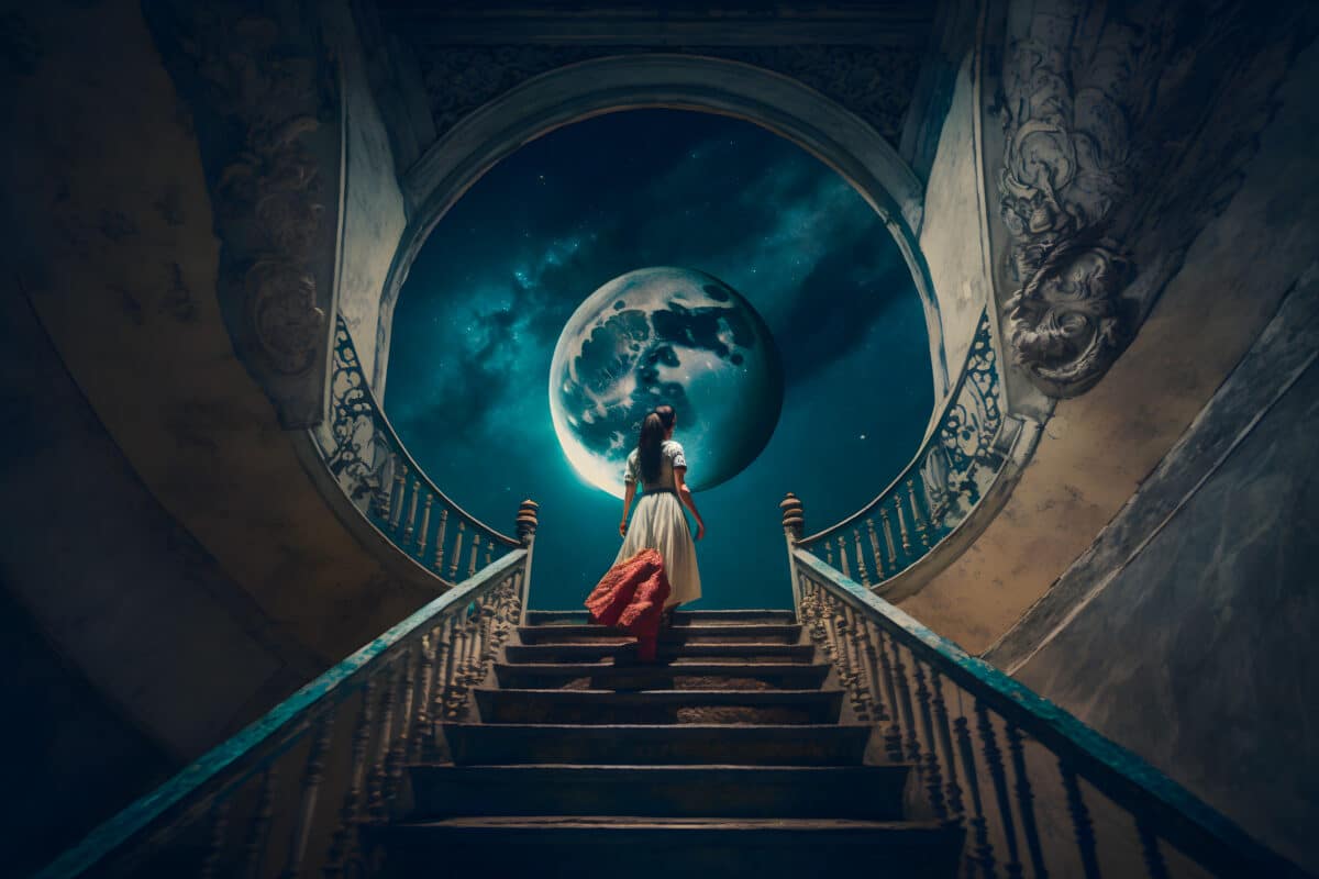 a young mysterious woman in a dress climbs the stairs of a tower to the roof with a round window and the moon