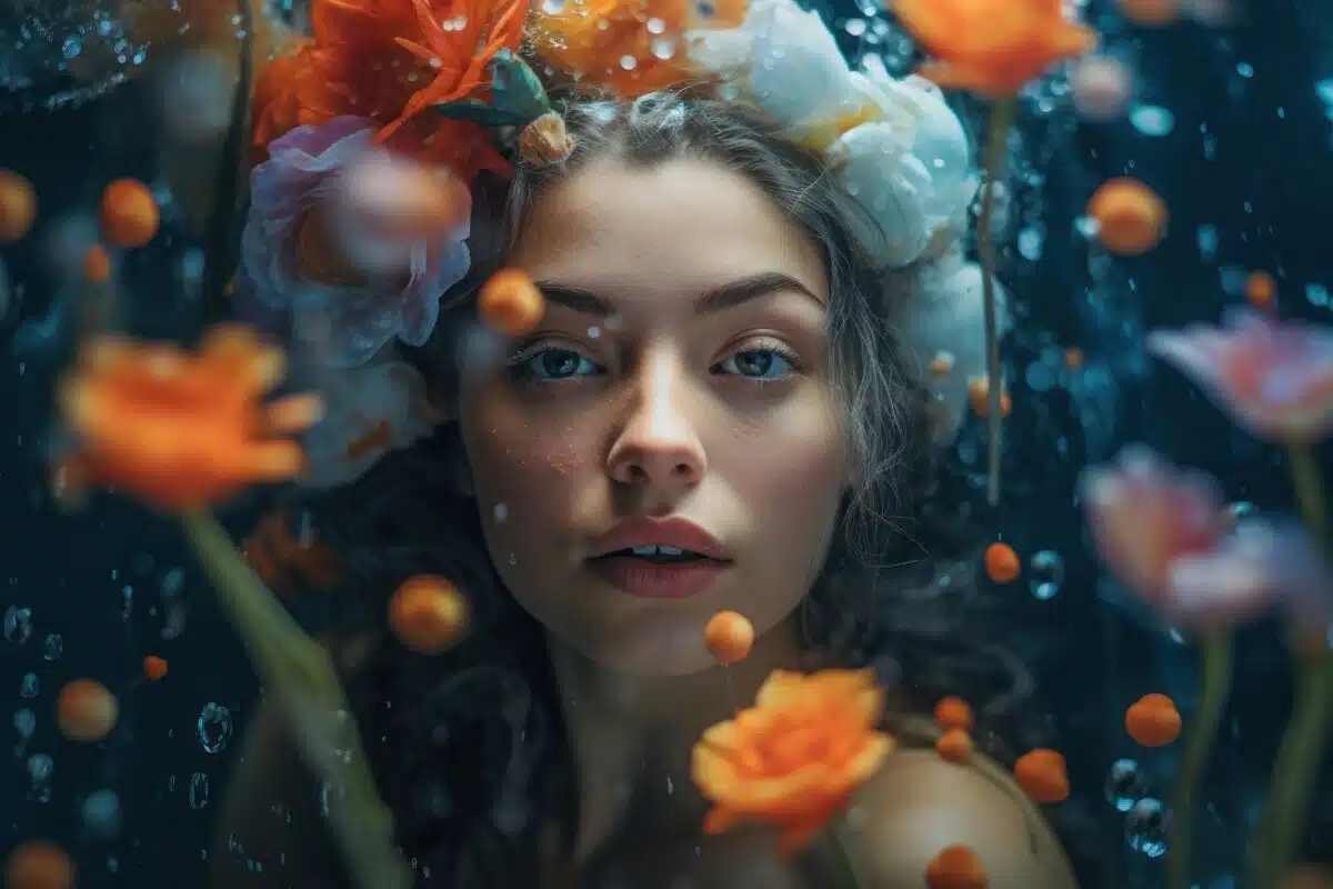 Creative Portrait Of A Young Beautiful Girl Underwater With Fishes And Flowers, Ai Tools Generated Image