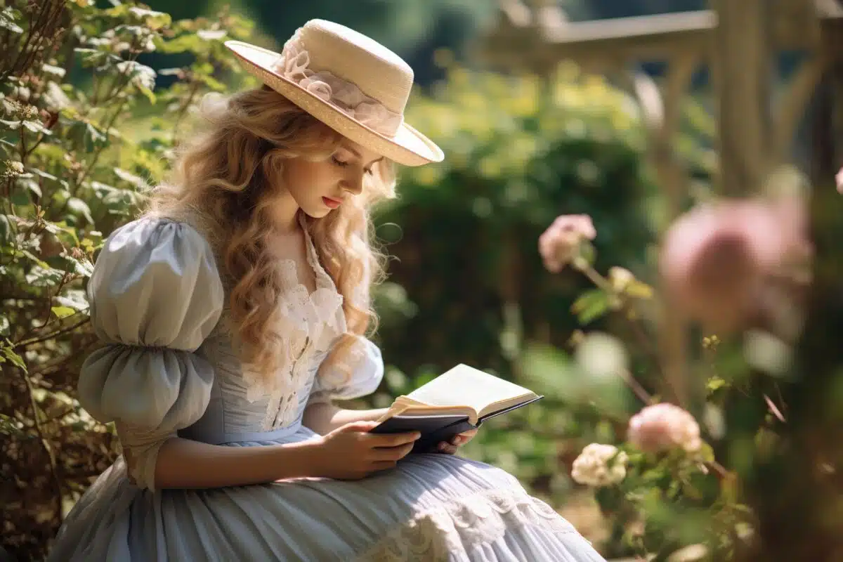 a woman in a victorian style clothing reading a book in the garden