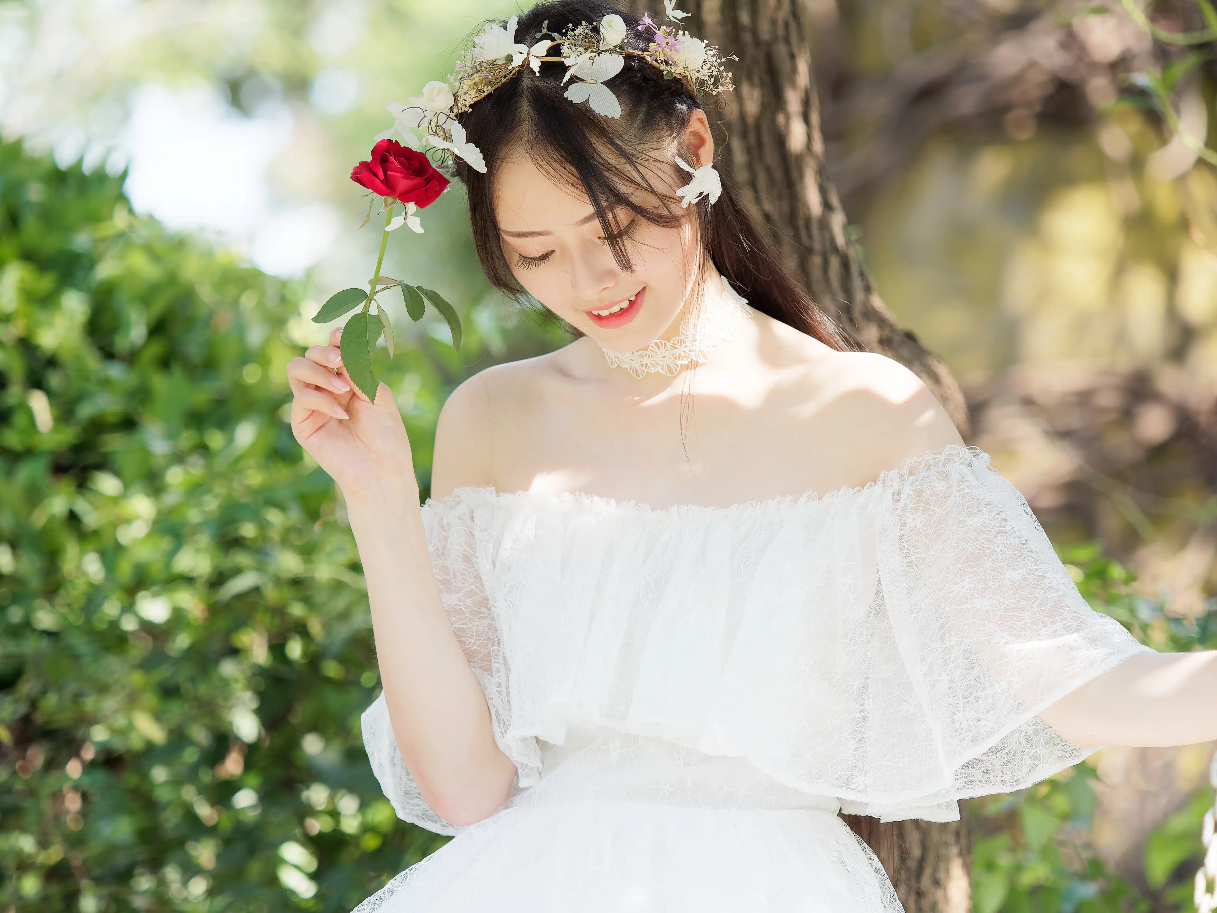 Beautiful fairy lady in a beautiful white dress and white flower head wreath, a red rose in her hand