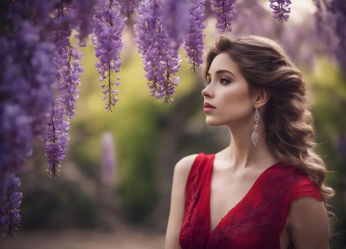 a lady in red with a gloomy expression outdoor near the wisteria flowers