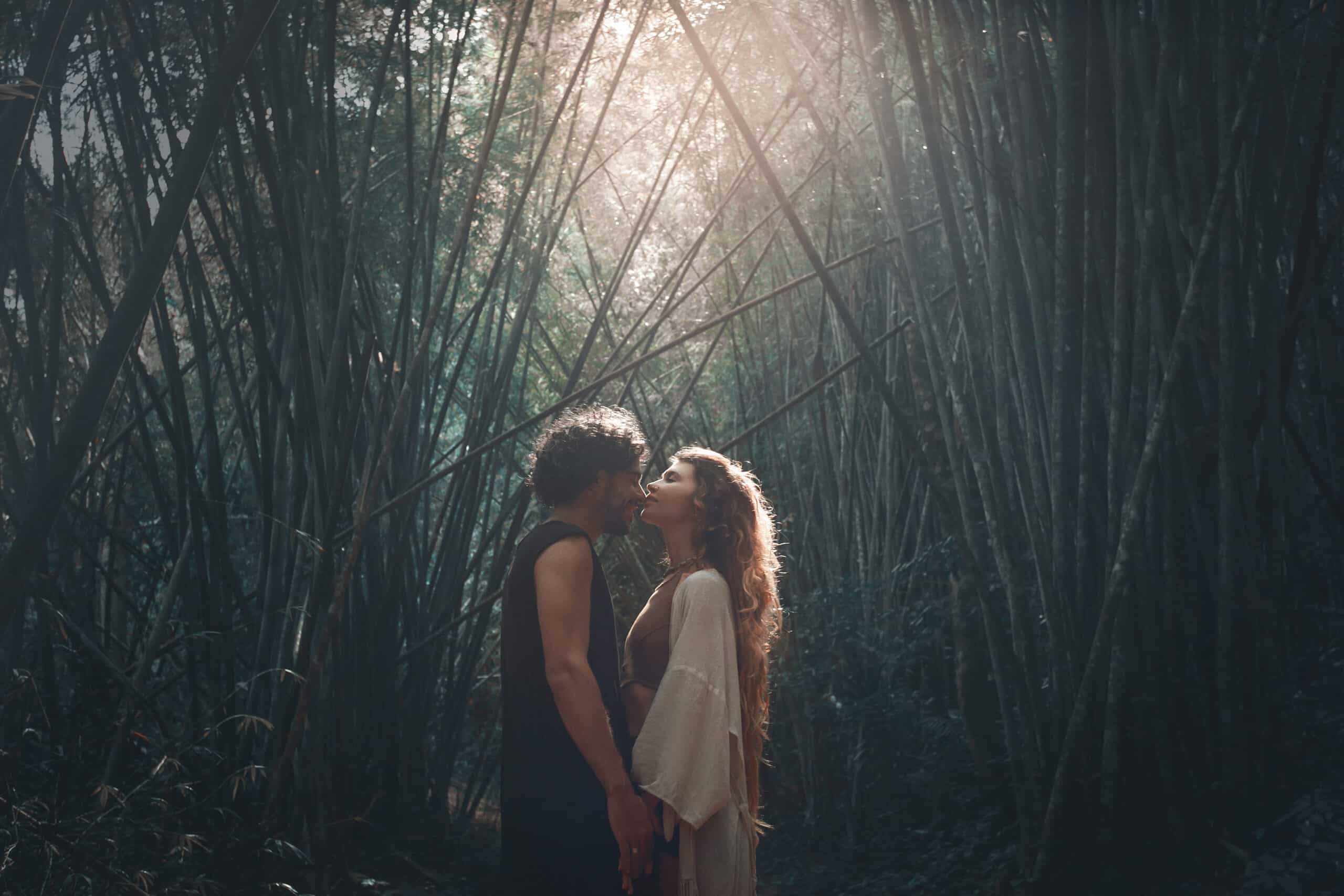 young couple kissing outdoors at bamboo forest at sunset