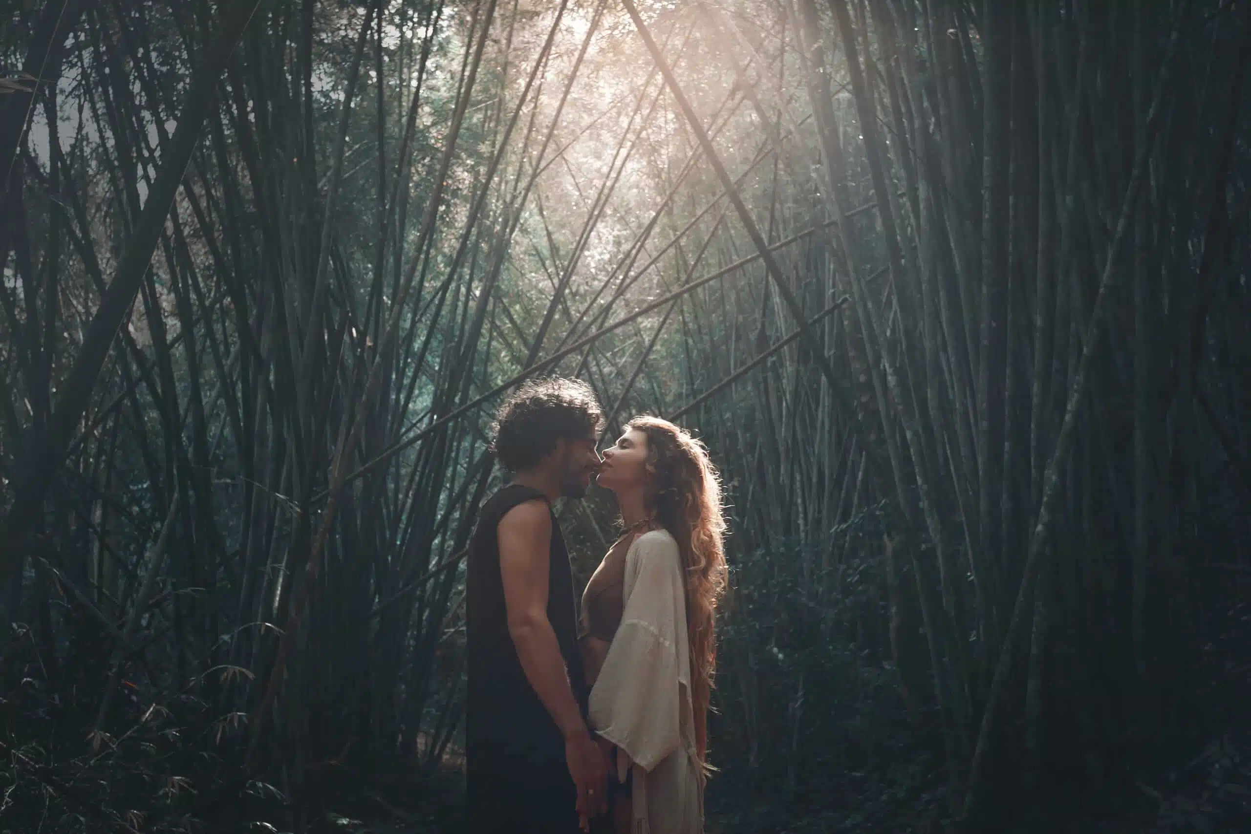 young couple kissing outdoors at bamboo forest at sunset