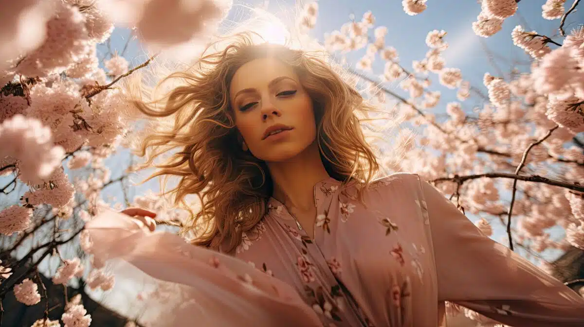 a pretty woman surrounded by a swirl of cherry blossoms, captured in a dreamy whirlwind of petals