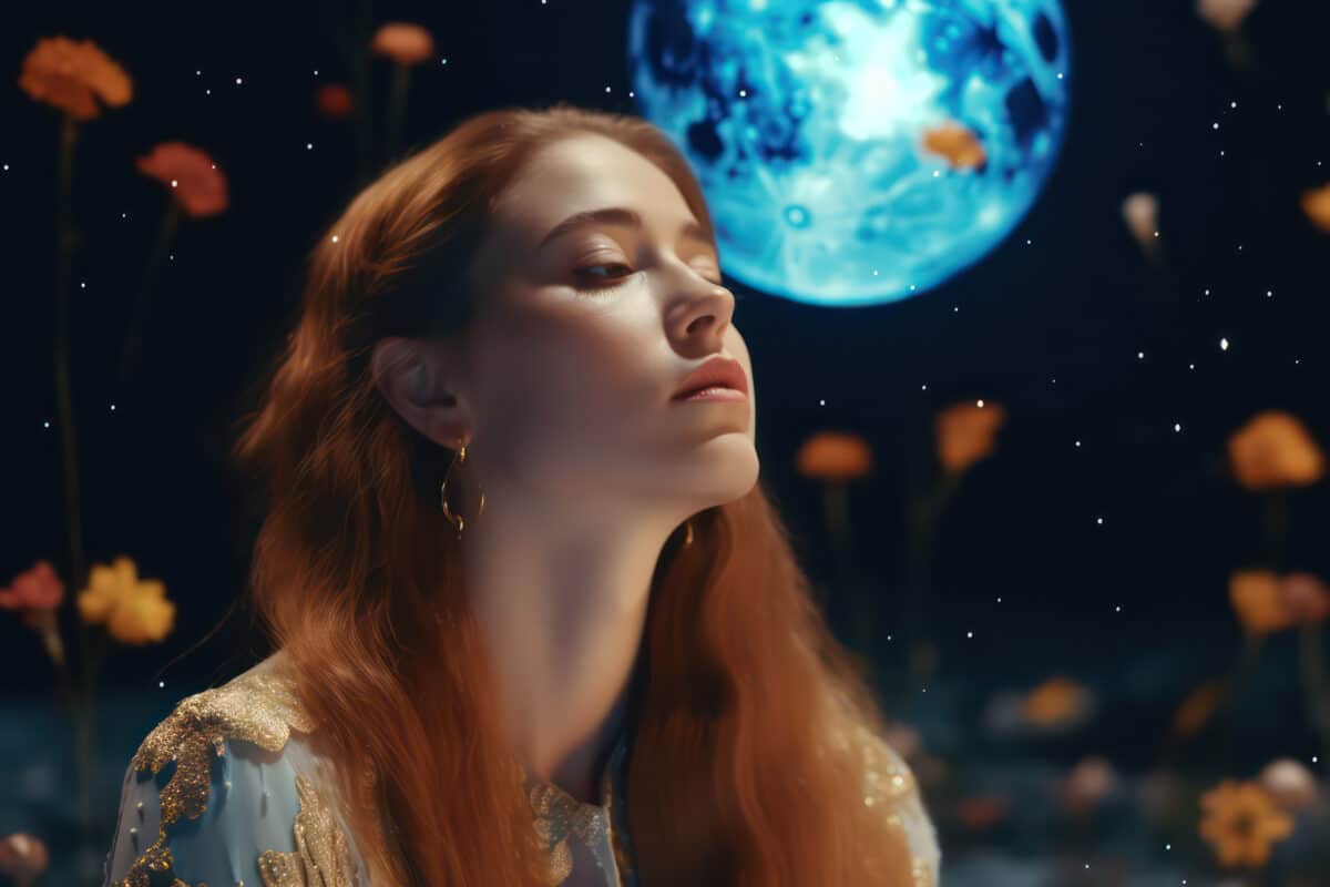 portrait of a beautiful woman in a surreal symmetric vintage movie setting on the moon/universe  in cinematic retro colours - ai generated art