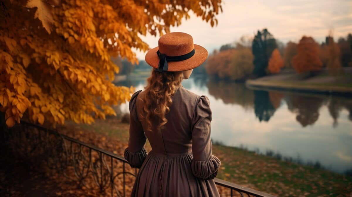 a woman in a pretty hat and old clothing enjoying beautiful autumn view by the river
