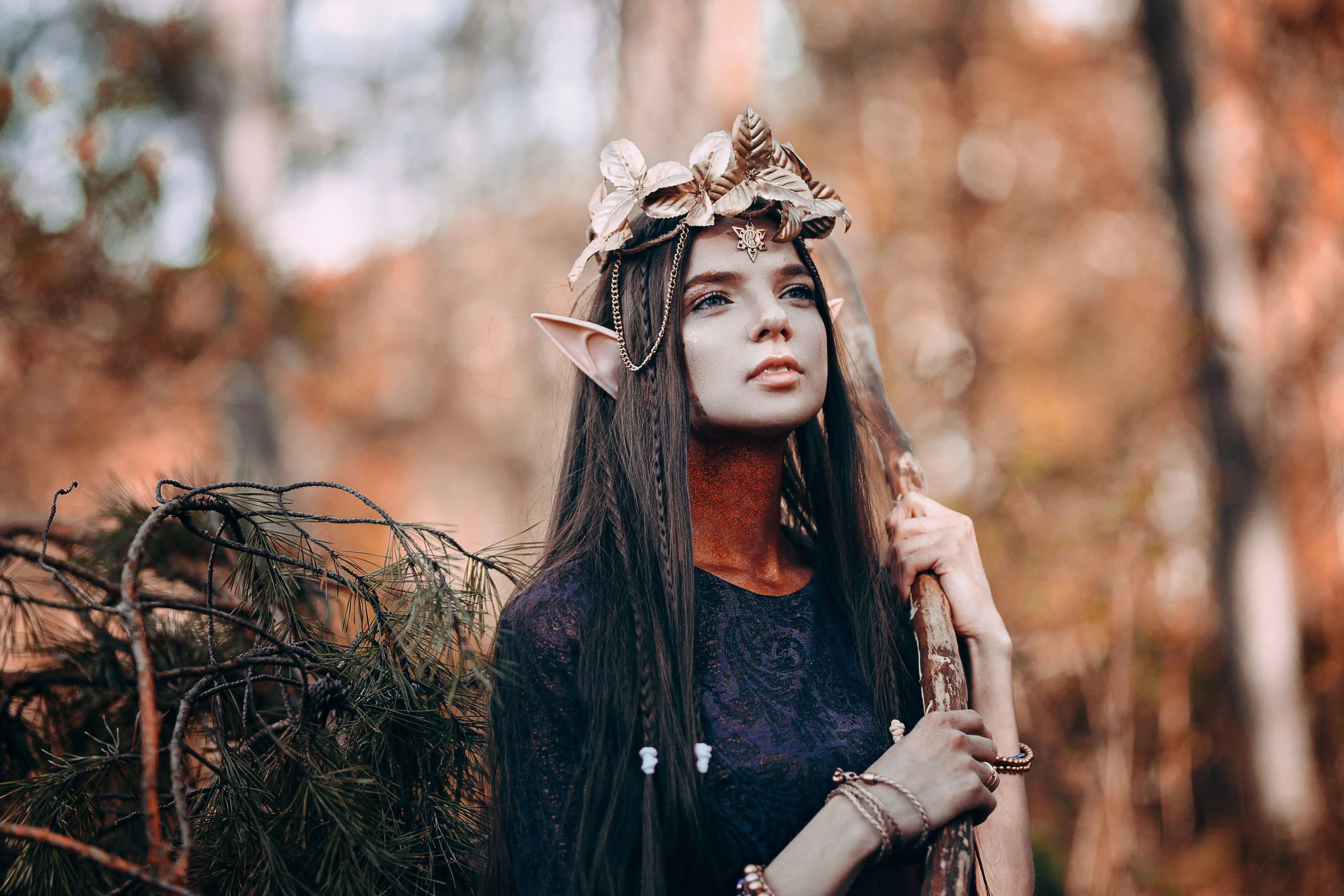 beautiful elf woman fabulous, fairy forest, famtasy young woman with long ears, long dark hair golden wreath crown on head