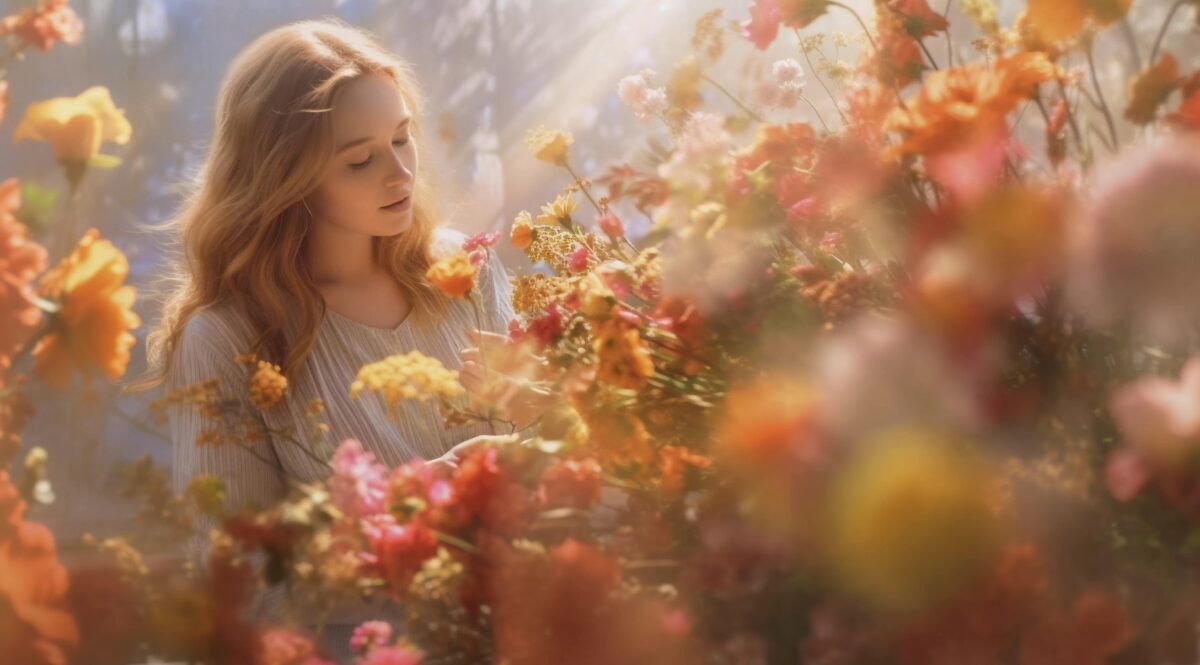 a beautiful blonde with a serene expression looking at the flowers