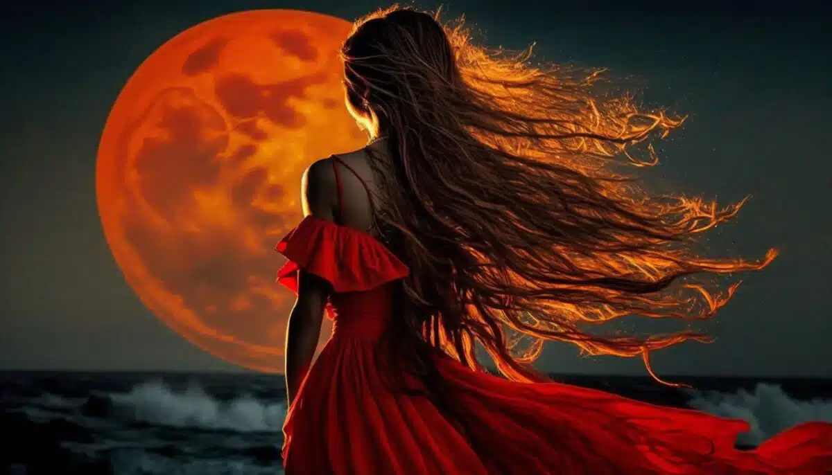 silhouette of a woman in a red dress on the beach against the backdrop of a beautiful moon