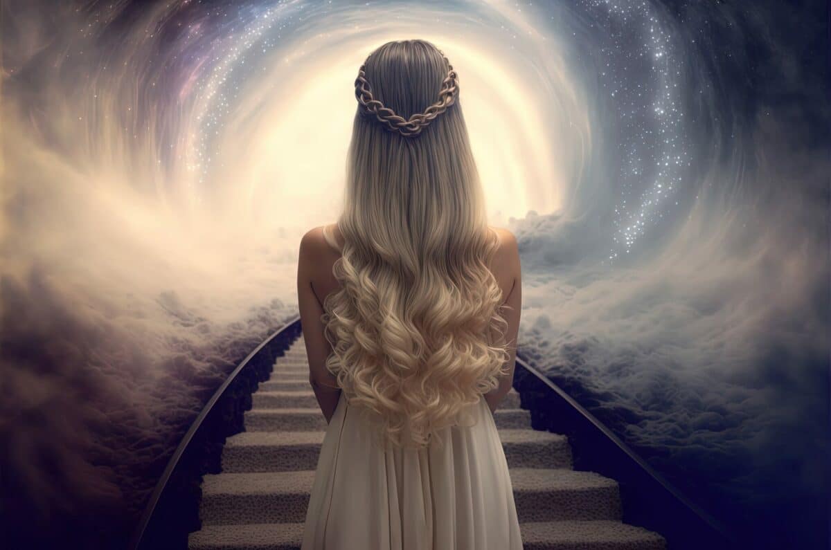illustration of beautiful woman from backside with beautiful hair curl, heavenly atmosphere, endless path way to the light , idea for near death experience theme.