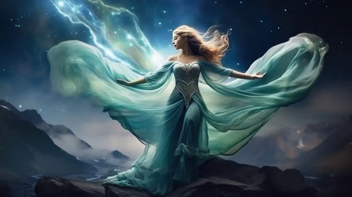 a celestial beauty in a fluttering green dress on a mountain at night