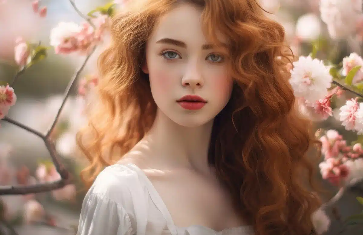 a pretty red haired woman dressed in white in a blooming garden 