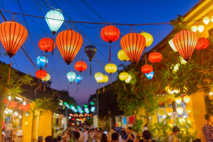 Awesome evening view of street decorated with lanterns, Hoi An