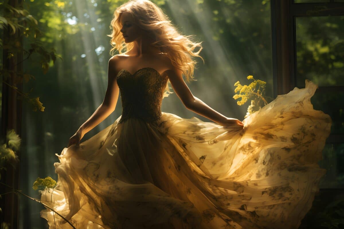 Beautiful girl in a long yellow dress dancing in the forest.