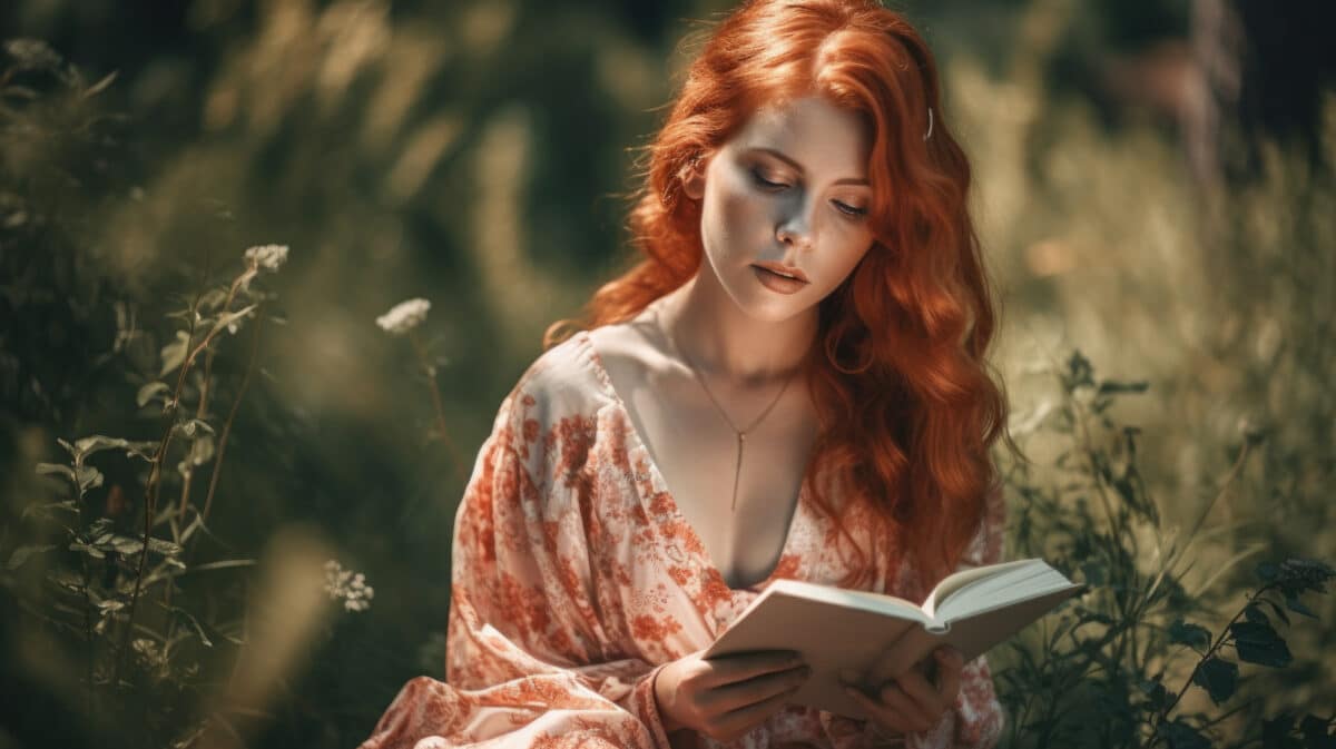 Red haired woman reading a book in a field. Generative AI