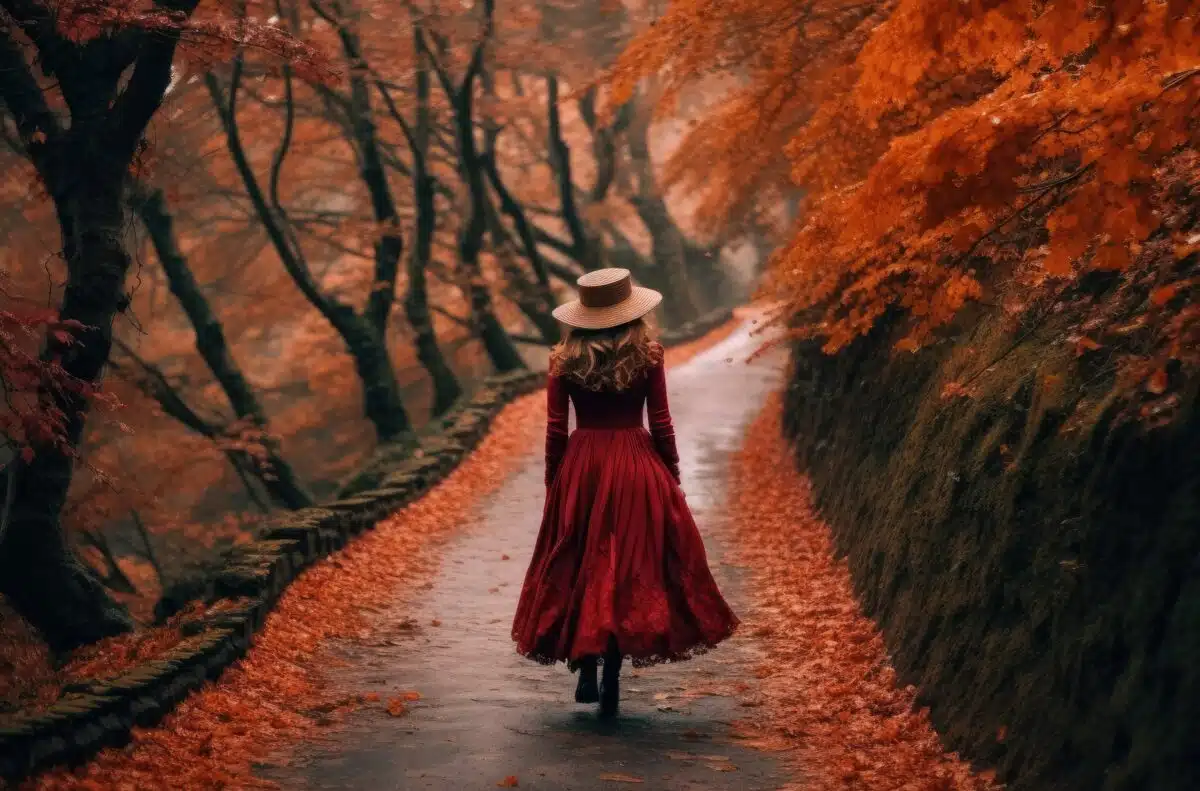 a lonesome lovely lady in a red victorian dress walking on a path to the woods in autumn