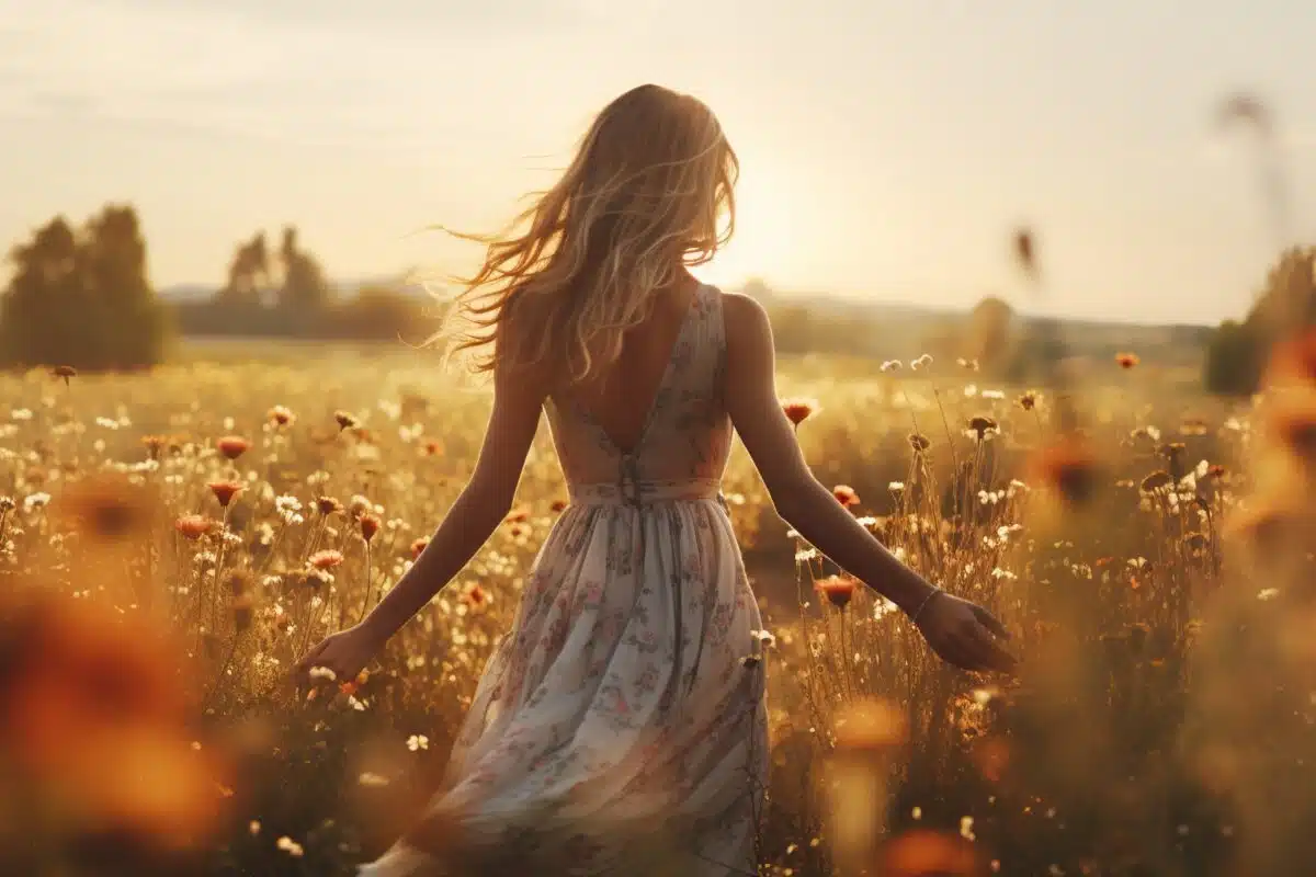 a young carefree woman in a floral dress is walking in flower meadow at sunset