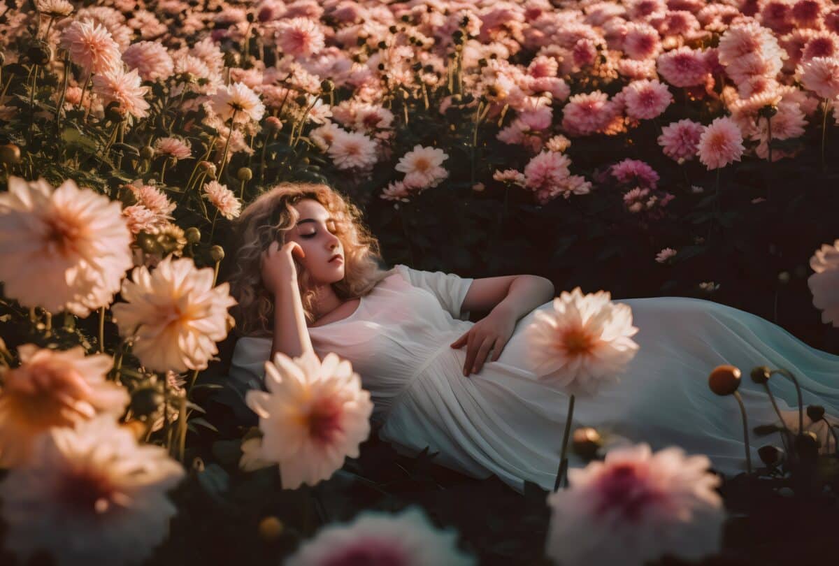 a woman dressed in white dress lying amongst the flowers in the field