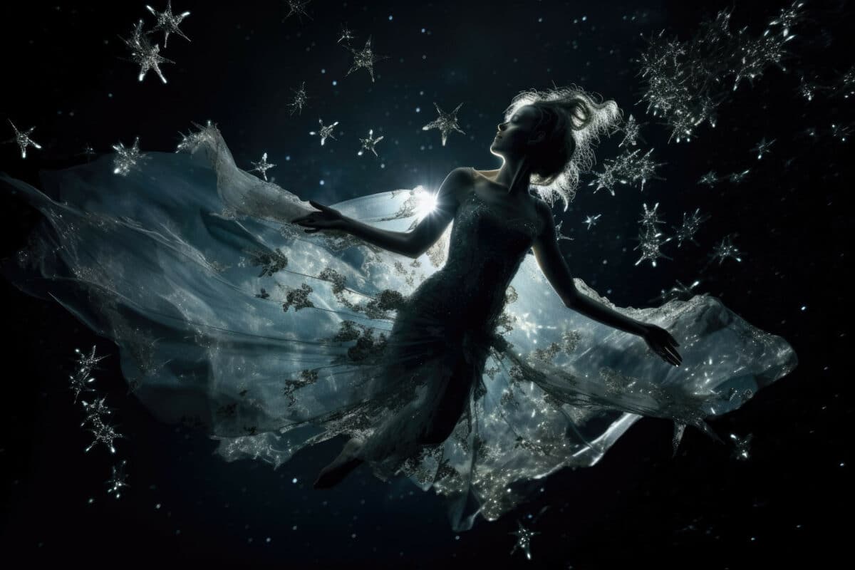 A beautiful fairy flying through a star-filled night sky