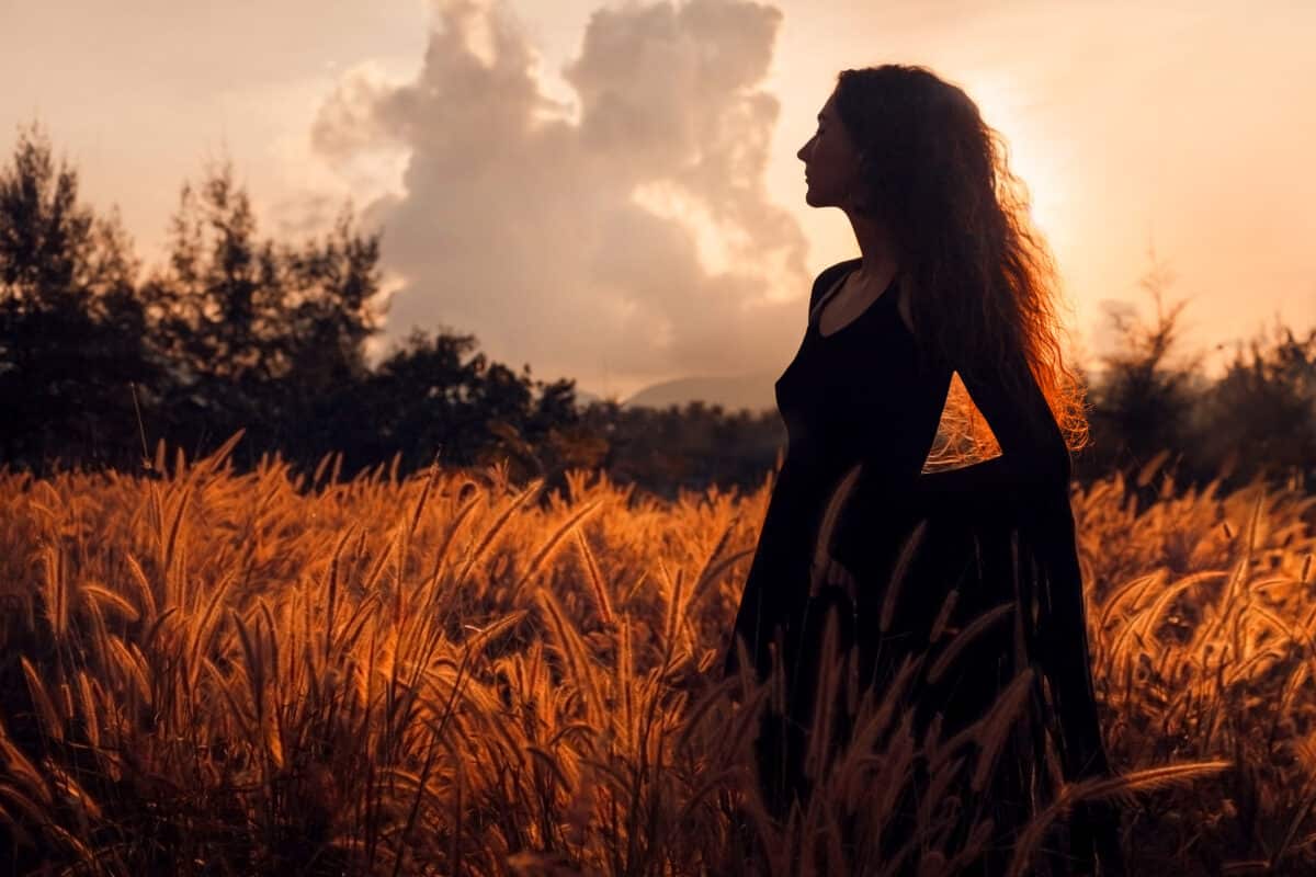 silhouette of a beautiful redhead woman standing among tall wild grass at sunset