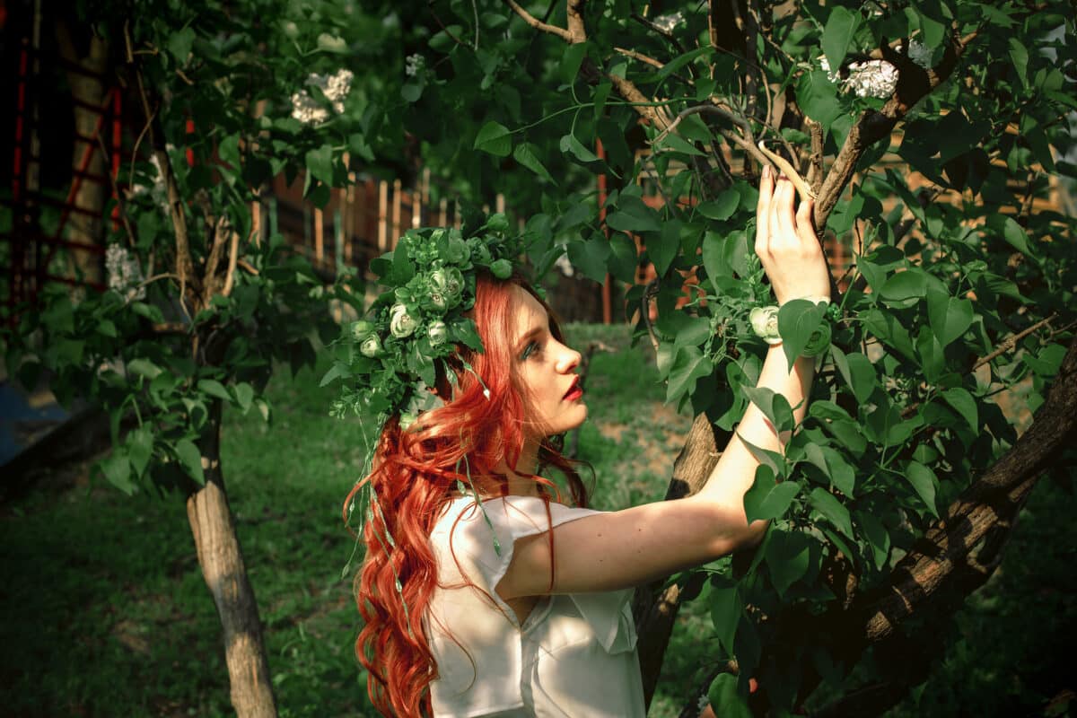 portrait in nature of beautiful red hair woman